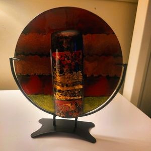 MCM Jasmine Sunsets Infused w/ Gold Art Glass Round Pocket • Stand Included